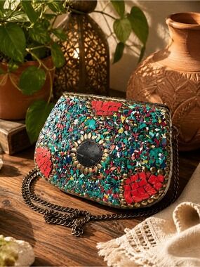 ♥️ Vintage Handmade Moroccan Mosaic Inlaid Clutch Purse • Coral Turquoise Onyx